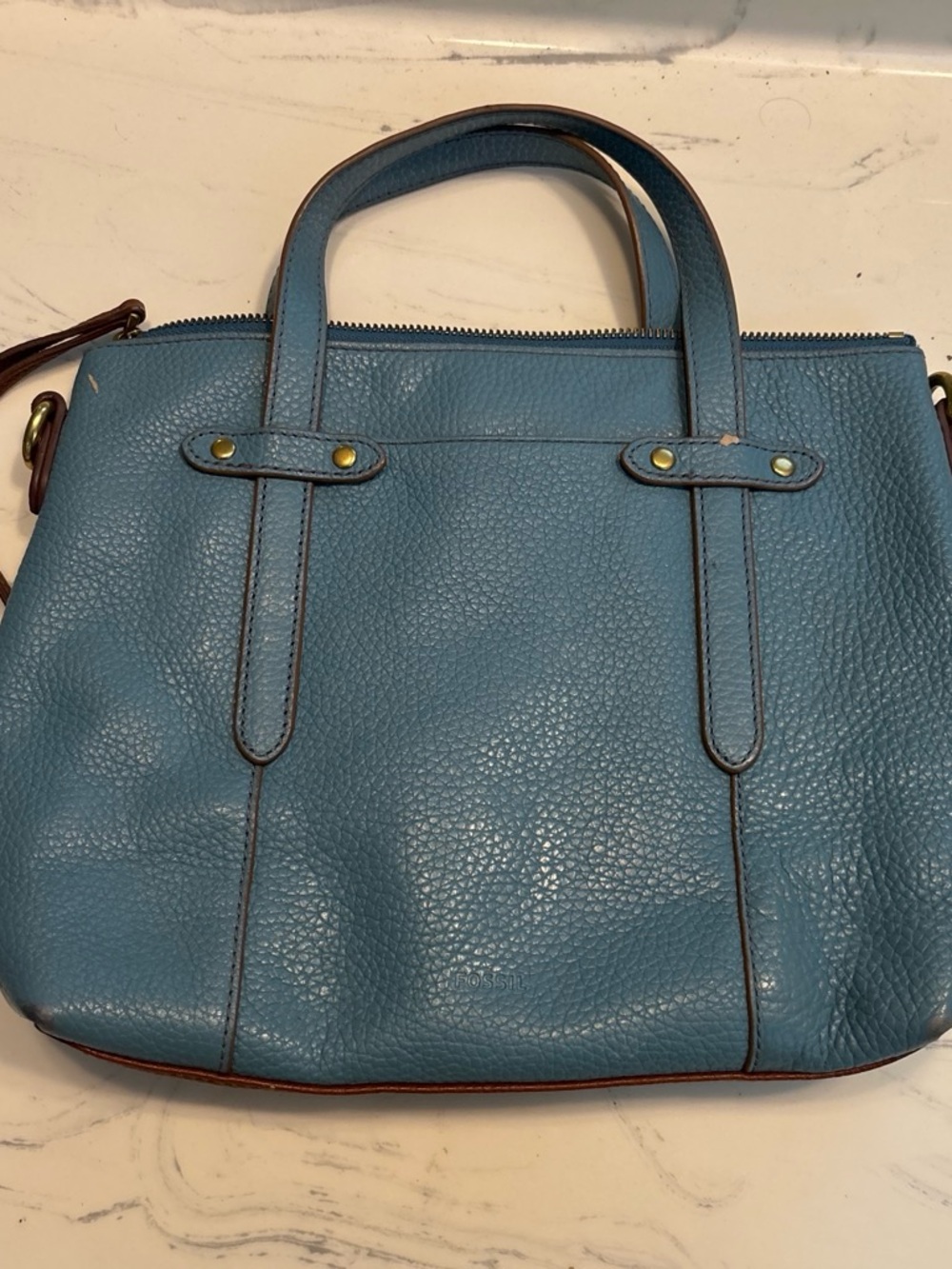 Blue and Brown Leather Tote Bag - Women's Handbag - Picture 2 of 3
